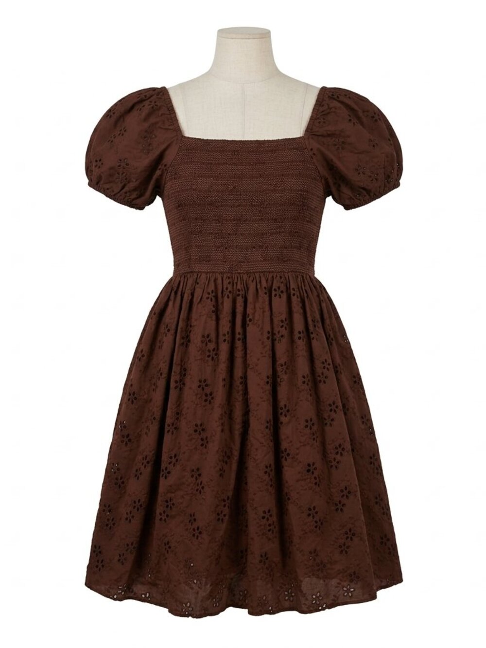 Jessakae Brown Eyelet Puff Sleeve Smocked Cottagecore Cotton Prairie Dress S